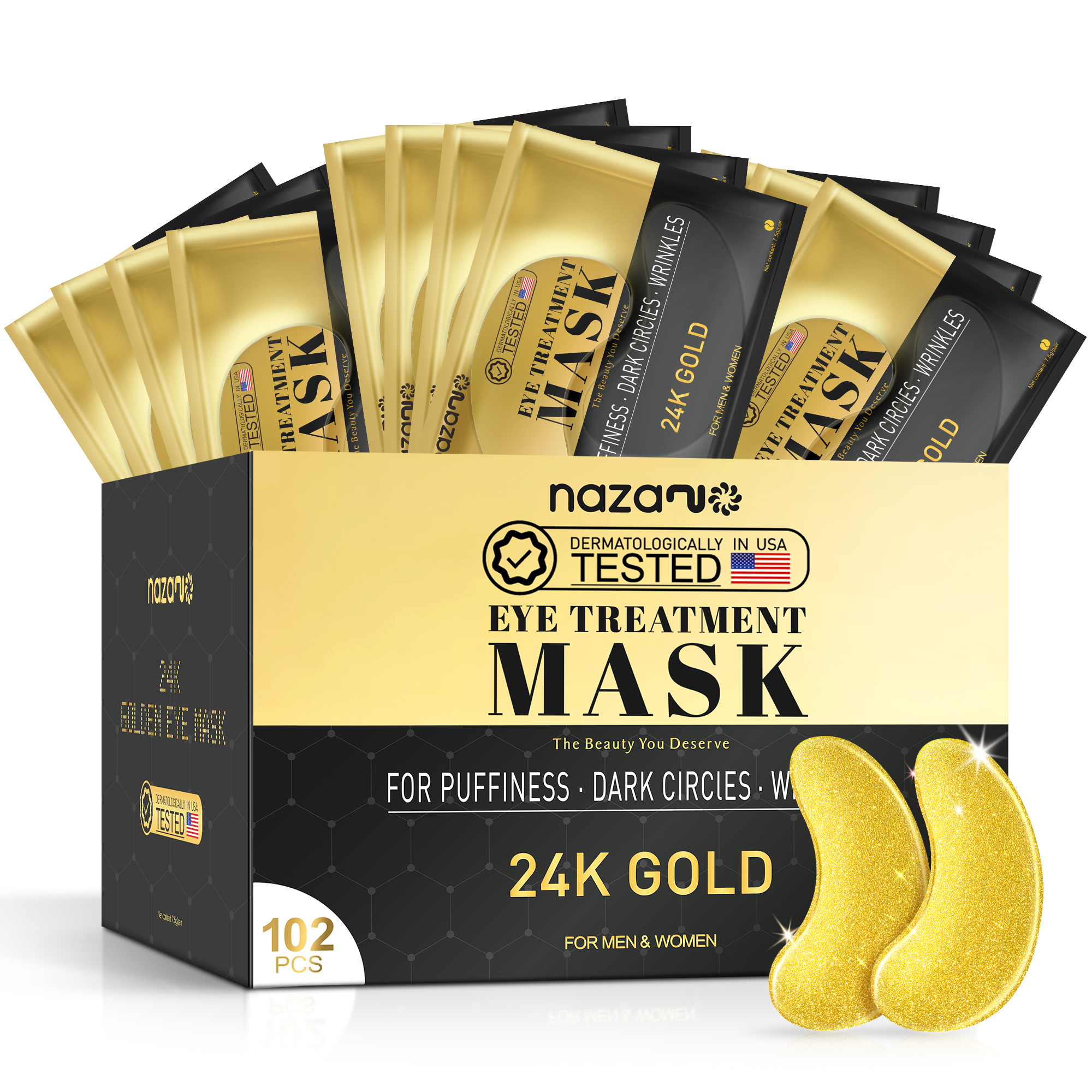NAZANO 24K Gold Under Eye Patches - 102 Pcs for Puffy Eyes, Dark Circles, Bags & Wrinkles with Sodium Hyaluronate - Eye Care Pads for Daily Skincare